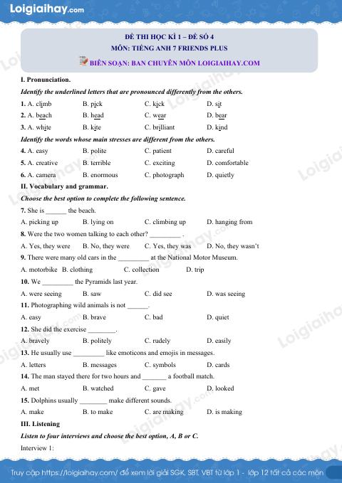 Đề thi học kì 1 Tiếng Anh 7 Friends Plus - Đề số 4